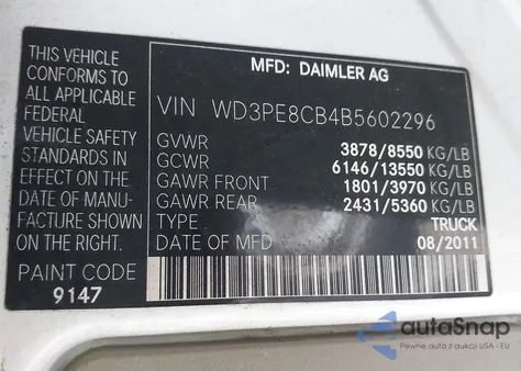 2011 Mercedes-Benz Sprinter 2500 High Roof z USA, uszkodzony, nr VIN WD3PE8CB4B5602296